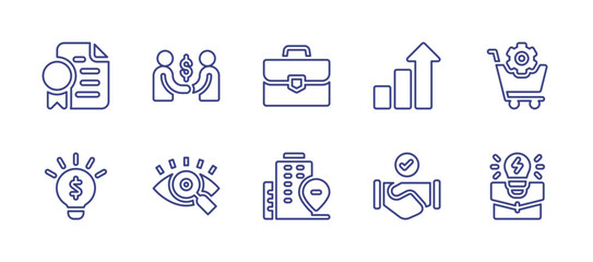 Business line icon set. Editable stroke. Vector illustration. Containing certificate, deal, briefcase, growth, procurement, idea, vision, office building, business idea.