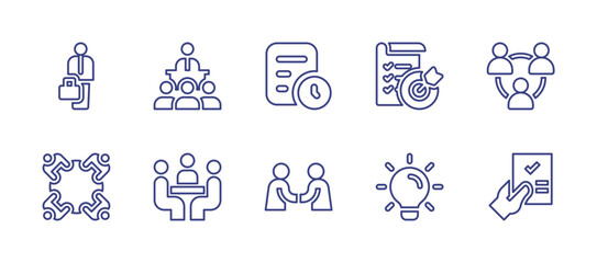 Business line icon set. Editable stroke. Vector illustration. Containing businessman, conference, project plan, goal, teamwork, meeting, agreement, idea, approved.