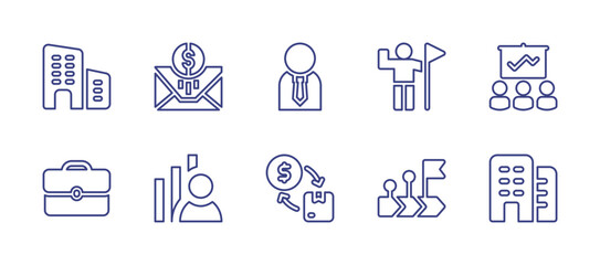 Business line icon set. Editable stroke. Vector illustration. Containing business and trade, send money, businessman, leadership, presentation, briefcase, business analyst, business, roadmap.