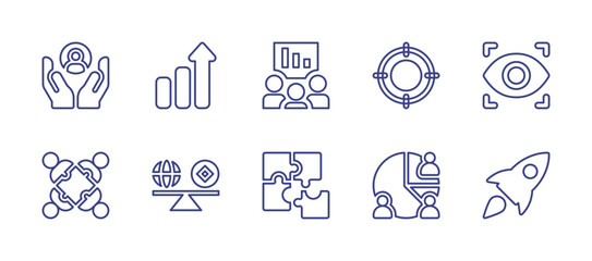 Business line icon set. Editable stroke. Vector illustration. Containing care, graph, business presentation, target, eye, teamwork, business, pie chart, rocket.