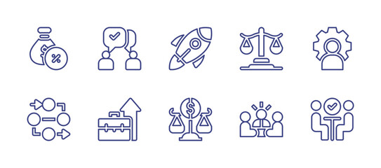 Business line icon set. Editable stroke. Vector illustration. Containing loan, communication, start up, justice, admin, process, professional, balance scale, leadership, meeting.