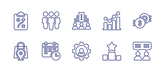 Business line icon set. Editable stroke. Vector illustration. Containing strategy, teamwork, csr, statistics, business, shopping bag, planning, settings, ranking, consultant.