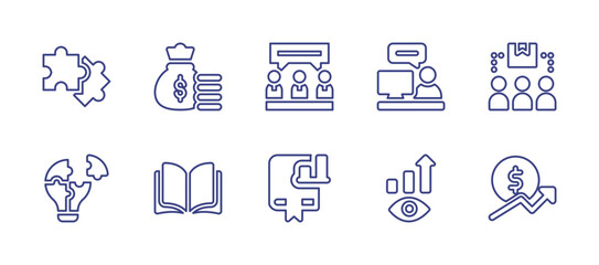 Business line icon set. Editable stroke. Vector illustration. Containing puzzle, money bag, business meeting, consulting, consumer, solution, open book, business, vision, growth.