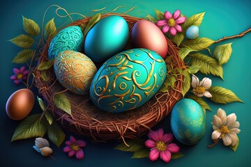 Festive Easter banner, template header for website. Realistic 3d design elements. Spring break - Generative AI