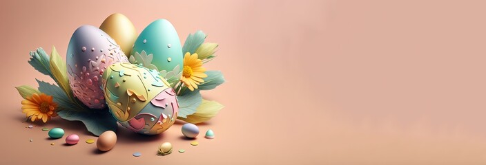 Festive Easter horizontal banner, template header for website. Realistic 3d design elements. Spring break. Banner with copy space - Generative AI