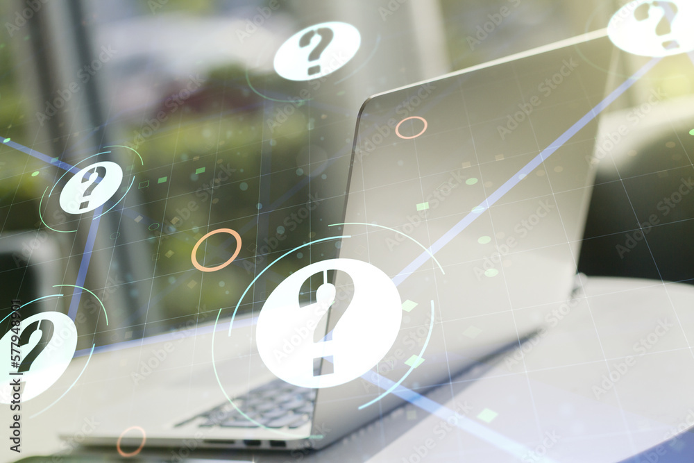 Aufkleber creative abstract question mark sketch on modern laptop background, faq and research concept. double