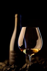 Obraz na płótnie Canvas Golden white wine in elegant glass on dark background.
