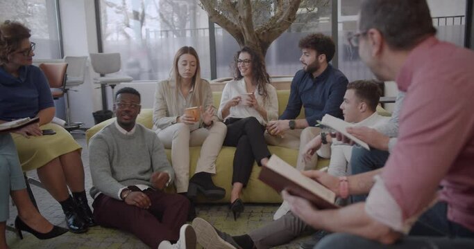 Large group of diverse people making brainstorming session