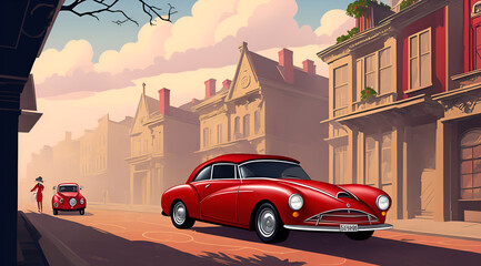 Fototapeta na wymiar A bustling city street with red 40s sport car. AI generated illustration