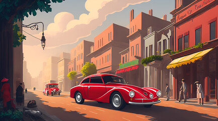 A bustling city street with red 40s sport car. AI generated illustration - obrazy, fototapety, plakaty