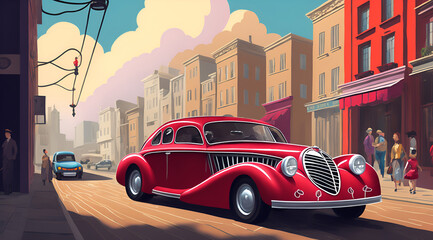A bustling city street with red 40s sport car. AI generated illustration - obrazy, fototapety, plakaty