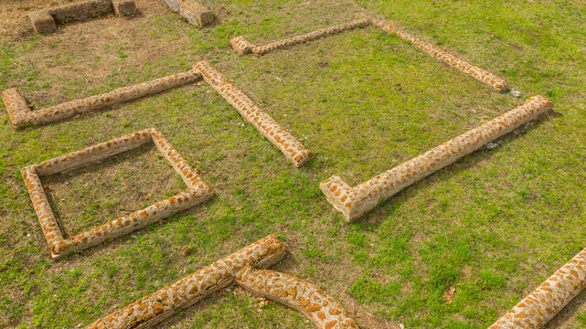 Aerial view on walls of ancient Rome in Ladispoli, in the Metropolitan City of Rome, Italy. Roman ruins. Archaeological park.