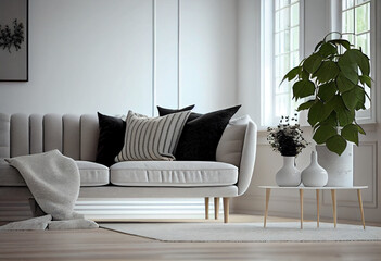 Living room interior with big sofa and coffee table with flower in vase, white interior, AI Generated