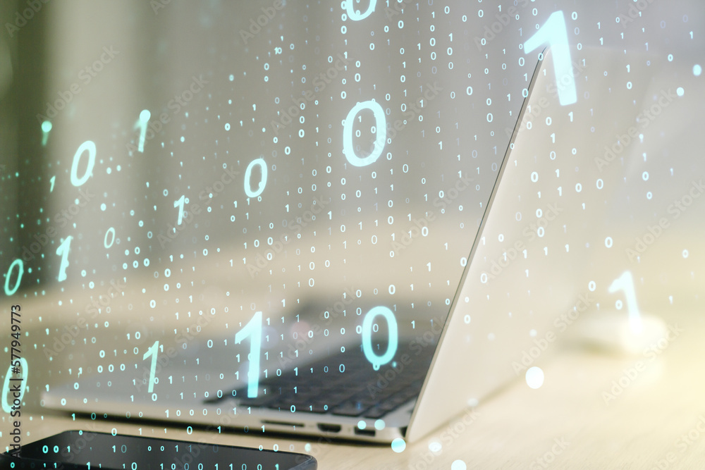 Poster creative abstract binary code sketch on modern laptop background, hacking and matrix concept. multie