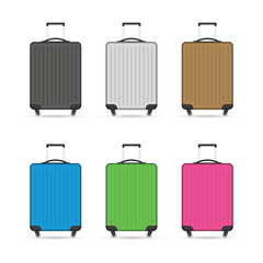 Travel suitcase set with wheels in flat style. Plastic travel bag isolated on white background. Baggage icon. Luggage case vector illustration. Travelling, tourism or trip concept. EPS 10.
