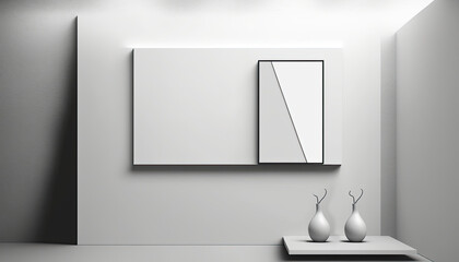 Horizontal frame mock-up of a poster on gray wall as the backdrop, modern minimalistic