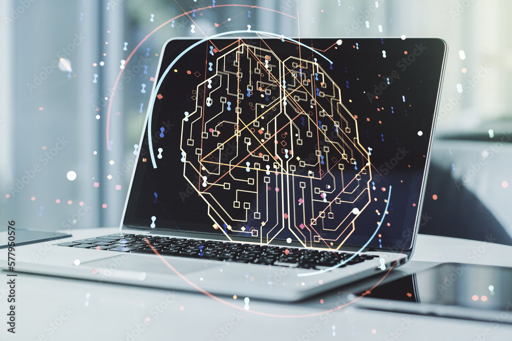 Aufkleber creative artificial intelligence concept with human brain sketch on modern computer background. doub