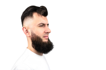 Portrait of a dark haired man with a stylish hairstyle and beard. Male profile isolated on white background. Care for a beard. Haircut