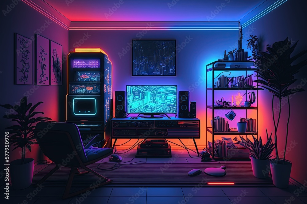 Wall mural modern gamer room with neon lights, created with ai, ai, generative ai