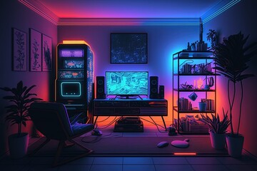 Modern gamer room with neon lights, created with AI, AI, generative AI