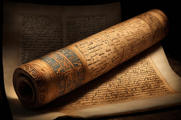 Ancient Egyptian papyrus scroll. Generative AI. - obrazy, fototapety, plakaty