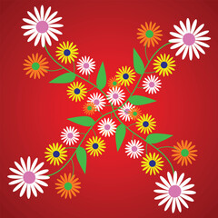 Colorful daisies flowers with leaves on red background. Vector illustration