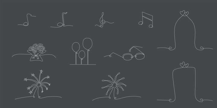 Decoration continuous line hand drawing elements set for wedding photo book, invitations. Vector stock illustration minimalism design isolated on black background. Editable stroke single line. 