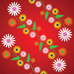 Seamless pattern with colorful daisies on a red background. Vector illustration