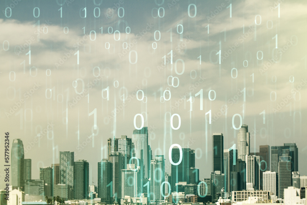 Leinwandbilder abstract virtual binary code hologram on los angeles cityscape background, ai and machine learning c