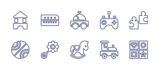 Toy line icon set. Editable stroke. Vector illustration. Containing toy blocks, keyboard, toy car, remote control, puzzle, ball, rattle, rocking horse, toy train, shapes.