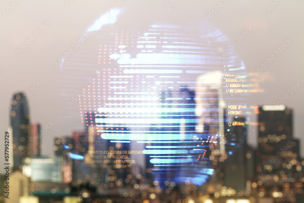 Poster double exposure of abstract programming language hologram and world map on blurry cityscape backgrou