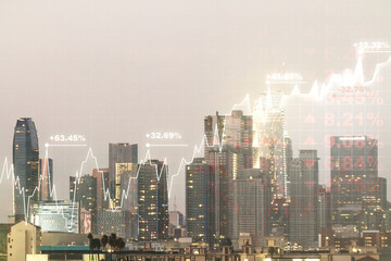 Fototapeta na wymiar Multi exposure of virtual creative financial chart hologram on Los Angeles skyscrapers background, research and analytics concept