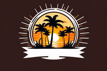 Palms beach logo design illustration. Sunset on Beach with Palm Tree, vacation holiday logo. Miami beach logo. Palm tree on a beach on sunset, Ai Generated Illustration.