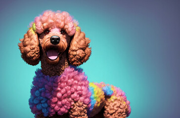Cute poodle on bright multicolored background. Portrait of charming dog with curly fur. Generative AI.