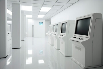 Enter the gaming zone: Futuristic arcade machines in an all-white space, futuristic game room with arcade machines and all-white walls. image created with ia - obrazy, fototapety, plakaty
