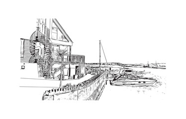 Building view with landmark of Portsmouth is the 
city in England. Hand drawn sketch illustration in vector.