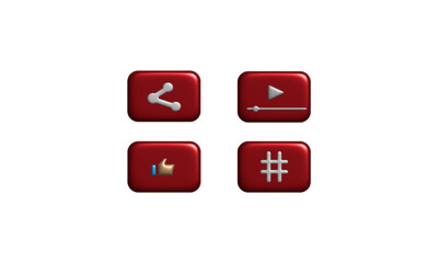 3d social media icons. share, play music or video, thumb up, hashtag