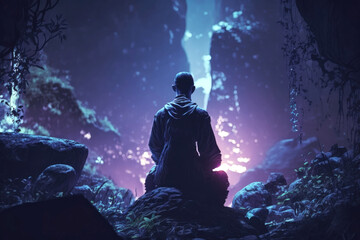 Meditation: Meditating monk in a calm atmosphere with a beautiful landscape | Generative AI Production