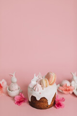 easter cake surrounded with eggs and flowers
