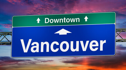 Road sign indicating direction to the city of Vancouver