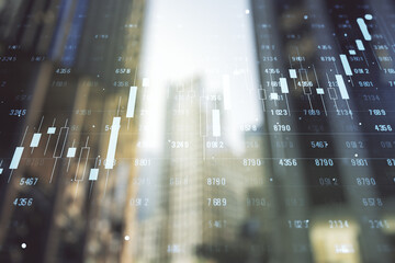 Double exposure of abstract creative statistics data hologram on blurry cityscape background, analytics and forecasting concept