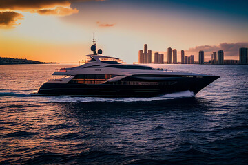 Fototapeta na wymiar Yacht in sea against the backdrop of skyscrapers buildings in Miami. Yacht motorboat in sea on sunset. Yachting sport in Florida. Super yacht in ocean, Ai Generated Illustration.
