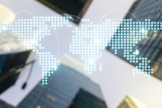 Abstract virtual world map with connections on office buildings background, international trading concept. Multiexposure