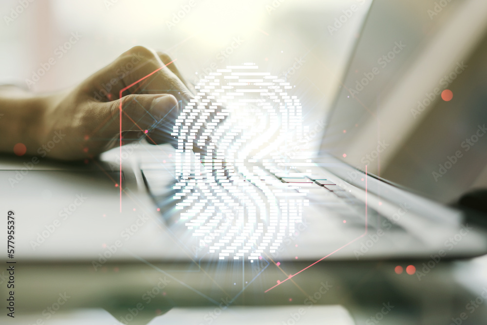 Aufkleber double exposure of abstract creative fingerprint hologram with hands typing on laptop on background,
