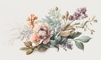  a painting of flowers and leaves on a white background with a place for text.  generative ai