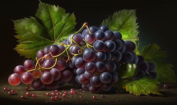  a painting of grapes and leaves on a table with a black background.  generative ai