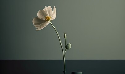  a single white flower in a black vase on a table.  generative ai