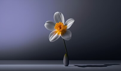  a single white and yellow flower in a vase on a table.  generative ai