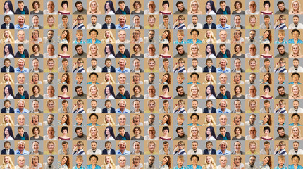 Collage of diverse multi-ethnic and mixed age people expressing different emotions 