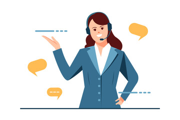 Woman with headphones and microphone. Customer service, call center, hotline flat vector illustration